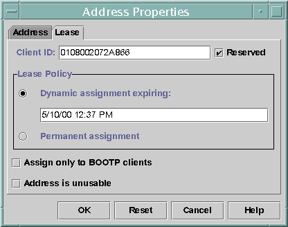 Dialog box shows Lease tab, which includes Client ID field, Reserved check box, and settings for Lease Policy, BOOTP clients, and Address is unusable.