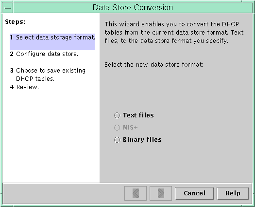 Dialog box lists steps to convert to a new data store. Shows new data store options. Shows back and forward, Cancel, and Help buttons.