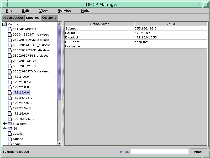 Macros tab shows list of macros with one macro selected. Option names and values contained in macro are shown.