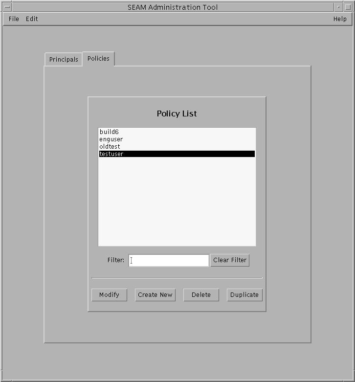 Dialog box titled SEAM Administration Tool shows a list of policies and a policy filter. Shows Modify, Create New, Delete, and Duplicate buttons.