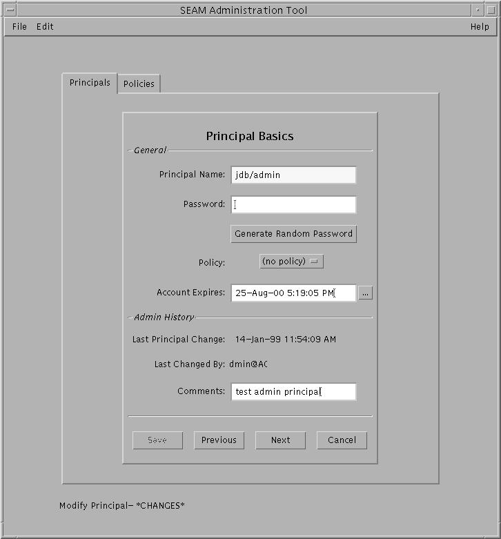 Dialog box titled SEAM Administration Tool shows account data for the jdb/admin principal. Shows account expiration date and comments.